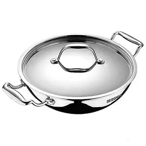 BERGNER Argent Tri-Ply Stainless Steel Deep Kadhai with Stainless Steel lid (22 cm 2.8 Liters Induction Base Silver) Standard BGIN-1542
