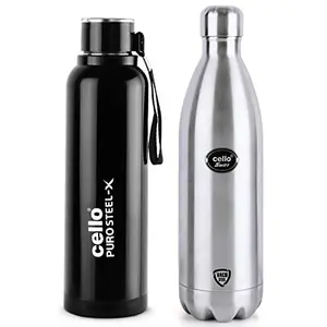 Cello Swift Silver 1 L Flask and Cello Puro Steel Inner Steel Outer Plastic with PU Insulation 900 ml Black Water Bottle