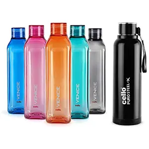 Cello Venice Plastic Bottle Set 1 Litre Set of 5 Assorted & Cello Puro Steel-X Benz Inner Steel Outer Plastic with PU Insulation Water Bottle 900 ml (Black)