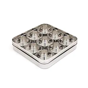 Coconut Stainless Steel Square Masala Box/Spice Container/SS Lid Masala Box with 9 Bowls - Diamater - 9.7 Inches Capacity - 180 ML Each Containers