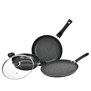 Bergner Essential Plus Non Stick Cookware Set 4Pc-Kadhai with Glass Lid 2.6 L Dosa Tawa 28cm Frypan 24cm 1.8 L with Induction Compatible Bakelite Handles PFOA Free 1 Year Warranty Black