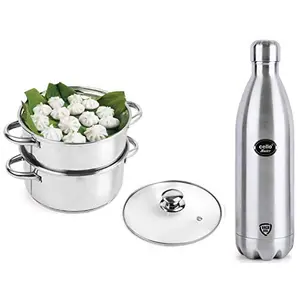 Cello Swift Steel Flask 1 Litre Silver & Cello Steelox Induction Compatible Stainless Steel Multi Purpose Steamer/Modak Maker with Glass Lid 18Cm