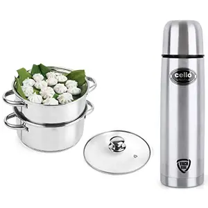 Cello Lifestyle Stainless Steel Flask 1000ml & Cello Steelox Induction Compatible Stainless Steel Multi Purpose Steamer/Modak Maker with Glass Lid 18Cm