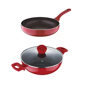 BERGNER Bellini Plus Aluminium 3 Pcs Cookware Set - 20cm Kadai with Lid and 20cm Frypan (Red) Standard