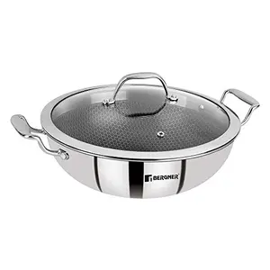 Bergner Hitech Prism Non-Stick Stainless Steel Wok With Glass Lid 20 cm 1.5 Litres. Induction Base.