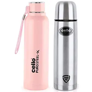 Cello Lifestyle Stainless Steel Flask 1000ml & Cello Puro Steel-X Benz Inner Steel Outer Plastic with PU Insulation Water Bottle 900 ml (Pink)