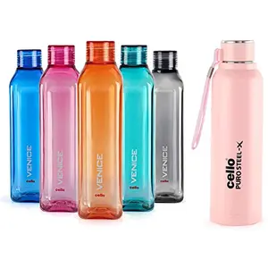 Cello Venice Plastic Bottle Set 1 Litre Set of 5 Assorted & Cello Puro Steel-X Benz Inner Steel Outer Plastic with PU Insulation Water Bottle 900 ml (Pink)