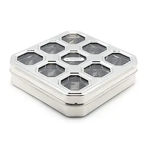 Coconut Stainless Steel Ultimate Masala Box -Square Cubic See thru Lid - Spice box - Condiment box - 9 partition Diamater - 25 CM Capacity - 150 ML Each Containers