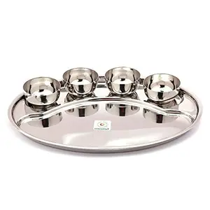 Coconut Stainless Steel Oval Hunger (Heavy Guage) Thali Dinner Set Having One Plate & 4 Bowls(200ML Capacity) - 5Pc (Thali Length- 42.5Cms & Height 31Cms)
