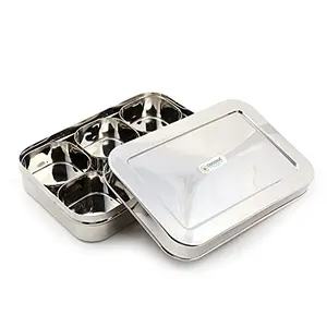 Coconut Stainless Steel Rectangle Masala Box / Spice Container/ Dry Fruit Box / Masala Box Stainless Steel Lids with 6 Bowls - 150ML Diamater - 24 Cm