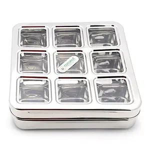 Coconut Stainless Steel Lego Masala Box -Square Cubic See thru Lid - Spice box - Condiment box - 9 partition - Diamater - 22CM Capacity - 100 ML Each Containers