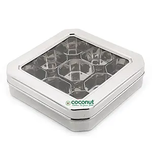 Coconut Stainless Steel Square Masala Box/Spice Container/C Thru Masala Box with 9 Bowls - Diamater - 24.5 CM Capacity - 150 ML Each Containers