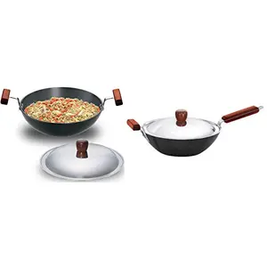 Hawkins Futura Nonstick Stir-Fry Wok (with Stainless Steel Lid) 3 L 28 cm 3.25 Mm & Hawkins - L19 Futura Hard Anodised Round Bottom Deep-Fry Pan with Steel Lid 22Cm/1.5 litres