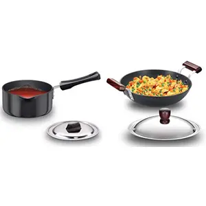 Hawkins - L95 Futura Hard Anodised Sauce Pan with Lid 1.5 litres (Non Induction Compatible) & Hawkins - L74 Futura Hard Anodised Deep-Fry Pan (Kadhai) with Stainless Steel Lid 2.75 Litre