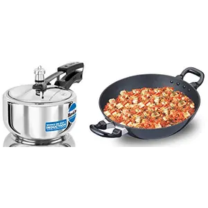 Hawkins Stainless Steel Pressure Cooker 2 Litres Silver and Q54 Futura Non-Stick Kadhai Deep-Fry Pan 2.5 Litres/26cm Black