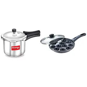 Prestige Omega Select Plus Non-Stick Paniyarakkal with Lid (240 mm Black)- Gas Top Compatible only + Prestige Popular Stainless Steel Pressure Cooker 2 litres Silver