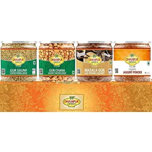 Speciality Snacks Gift Box Set - Gur Chana Gur Saunf Masala Gur Chai and Organic Jaggery Powder Chemical Free Sugar Free Breakfast Healthy Snacks Gift for Family Resealable Pet Jars 950g