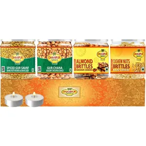 Speciality Gur Chana Gur Saunf Almonds Dry Fruits Brittle and Cashews Dry Fruits Brittle Pet Jar Diwali Snacks Gift Box 850grams
