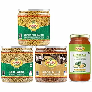 Speciality Healthy Snacks Pack Gur Saunf Meethi Fennel Seeds Gur Masala for Chai Tea Kaccha Mango Aam Jam for Bread Toast Roti and Spiced Gur Saunf with Organic Natural Jaggery Jar 1.1Kgs
