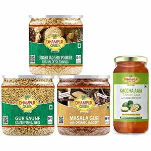 Speciality Healthy Snacks Pack Gur Saunf Meethi Fennel Seeds Gur Masala for Chai Tea Kaccha Mango Aam Jam for Bread Toast Roti and Organic Ginger Jaggery Gur Gud Powder for Tea 1.1Kgs