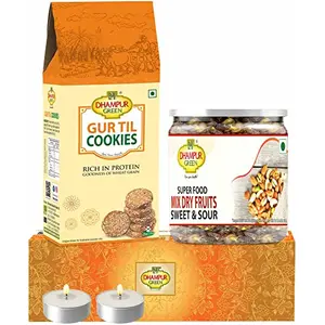 Speciality Dry Fruits Cookies Gift Box Hampers - Mixed Dry Fruits Superfood Trail Mix and Til Jaggery Gur Cookies No Chemical Sugar Free No Sulphur and Added Preservatives Diwali Gift Box Hamper for Family Friends 450 grams
