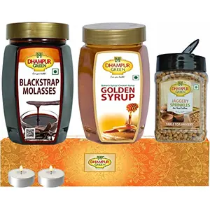 Speciality Natural Blackstrap Molasses Jaggery Sprinkles Pearls and Golden Syrup Diwali Gift Box Hamper for Family Friends (500g each) No Chemical Sugar Free No Sulphur and Added Preservatives 1.5Kg