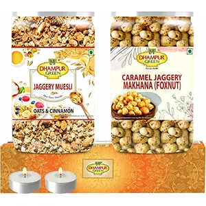 Speciality Caramel Jaggery Makhana and Jaggery Oats Museli Snacks Pet Jar Diwali Gift Box 390grams