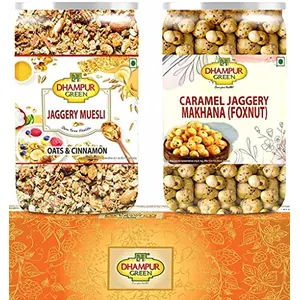Speciality Superfood Snacks Gift Box Set - Caramel Jaggery Makhana and Jaggery Oats Muesli Sugar Free Breakfast Healthy Snacks Gift for Family Resealable Pet Jars 390g