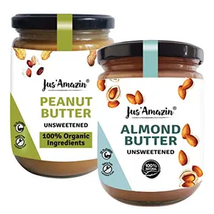 Jus' Amazin Creamy Almond Butter & Peanut Butter - Unsweetened - Vegan & Keto - Combo Pack (500g Each)
