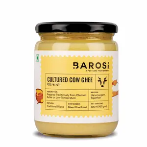 Barosi Cultured Cow Ghee 500 ml, Pure & Authentic Superfood, Bilona method, Sustainable Glass Packaging