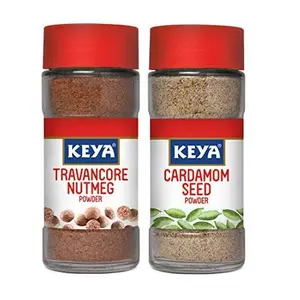Keya Exotic Spices Combo Glass Bottle | Cardamom Powder x 1 50 gm | Nutmeg Powder x 1 65 gm | Pack of 2