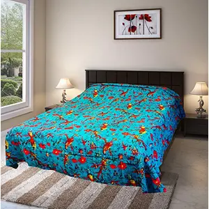 Vermilion Lifestyle Cotton 300 TC Bed Cover 90x108 Kantha Stitch Handmade Double Layered (Turquoise)