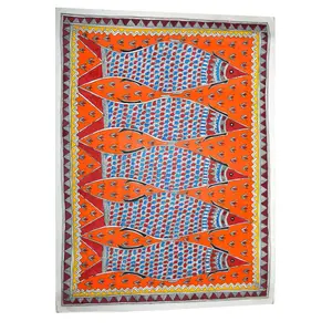 Silkrute Traditional Madhubani Painting Depicting "Family of Fish"
