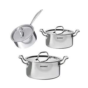 Bergner Argent Triply Stainless Steel 6 Pcs Cookware Set - Casserole 20cm Casserole 24cm & Sauce Pan 14cm with SS Lids (Silver)