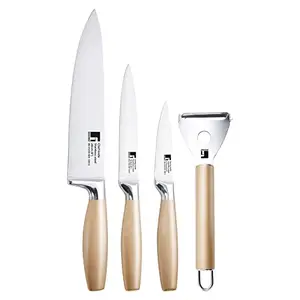BERGNER Cento Stainless Steel Knife Set 4-Pieces1 Chef Knife 1 Utility Knife 1 Paring Knife 1 Y Shape Peeler Gold