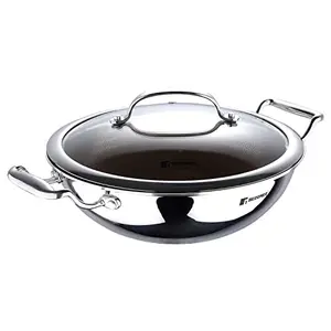 Bergner Hitech Giro Gold Triply Stainless Steel Scratch Resistant Non Stick Kadai/Kadhai with Glass Lid 24 cm 2.5 Liters Induction Base Food Safe (PFOA Free) 5 Years Warranty Silver