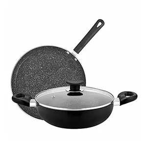 Bergner Essential Plus Non Stick Cookware Set 3Pc-Kadhai with Glass Lid 2.6 L Dosa Tawa 28cm Induction Compatible Bakelite Handles PFOA Free 1 Year Warranty Black