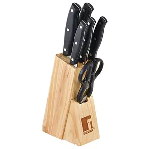 BERGNER Dusseldorf Stainless Steel Knife Set 7-Pieces 1 Chef Knife 1 Slicing Knife 1 Tomato Knife 1 Utility Knife1 Paring Knife 1 Scissors 1 Wooden BlockBlack