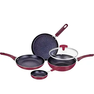 Bergner Amarone 5 Pcs Induction Bottom Cookware Set (Kadhai with Glass Lid 24 cm - 2.4 L Fry pan 24 cm - 1.3 L Tawa - 25 cm Mini Pan 14 cm - Non Induction) Maroon
