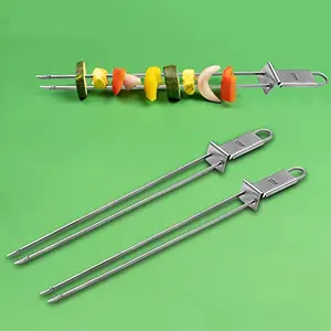 Rena Germany Barbeque Skewers - Stainless Steel Meat Fork - Tandoori Stick - Skewers for Tandoor / BBQ / Grill - Double Pronged with Push Bar - 2 Piece
