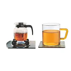 Borosil - Carafe Flame Proof Glass Kettle with Stainer 1L & Vision Tea N Coffee Glass Mug Set of 6 - Microwave Safe Yellow Handle 190 ml