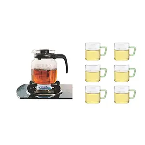 Borosil - Carafe Flame Proof Glass Kettle with Stainer 650 ml + Borosil Vision Tea N Coffee Glass Mug Set of 6 - Microwave Safe Green Handle 190 ml
