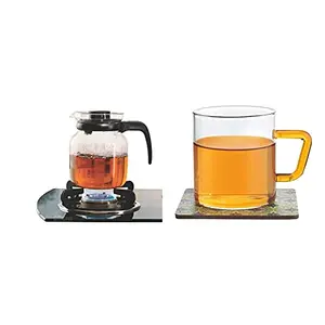 Borosil - Carafe Flame Proof Glass Kettle with Stainer 650 ml + Borosil Vision Tea N Coffee Glass Mug Set of 6 - Microwave Safe Yellow Handle 190 ml