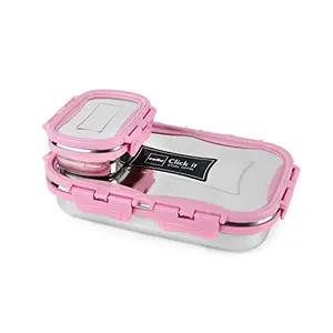 Cello Click It Stainless Steel Lunch Pack for Office & School Use (Veg Box Included Pink) Capacity - 175-1pc 925ml-1pc