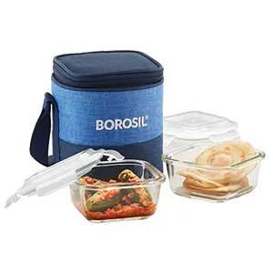 Borosil Prime Borosilicate Glass Lunch Box Set of 2 320 Ml Vertical Microwave Safe office Tiffin Blue Transparent