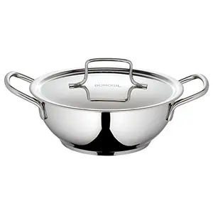 Borosil Stainless Steel Kadhai With Lid Induction Friendly Impact Bonded Tri-ply Bottom 2.3 L