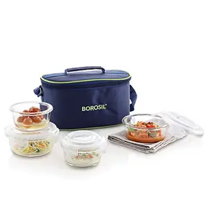 Borosil - Glass Fusion Lunch Box Set of 4 (2 pcs 240 ml + 2pcs 400 ml) Microwave Safe Office Tiffin Blue