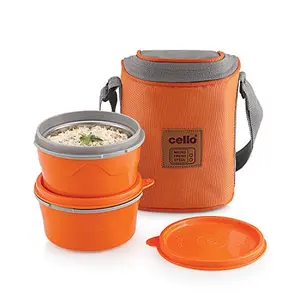 Cello Max Fresh Hot Wave Microwaveable Lunch Box Stainless Steel Inner 2pc (Orange) (Capacity - 225ml & 375ml)