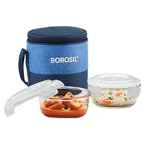Borosil Prime Glass Lunch Box Set of 2 400 Ml Round Microwave Safe office Tiffin Blue Transparent