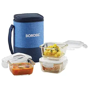 Borosil - Prime Borosilicate Glass Lunch Box Set of 3 320 ml Square Microwave Safe Office Tiffin Blue Transparent